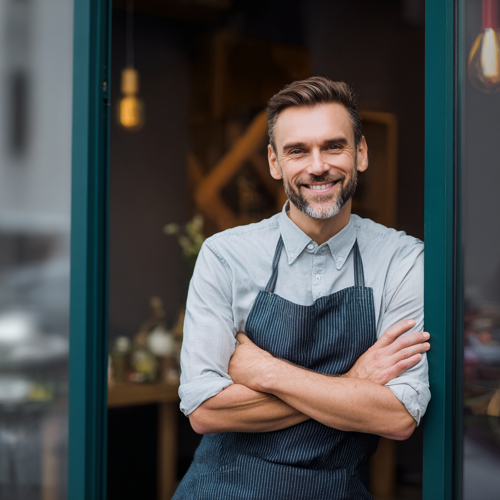 Small business owner, smiling – face forward at the camera.